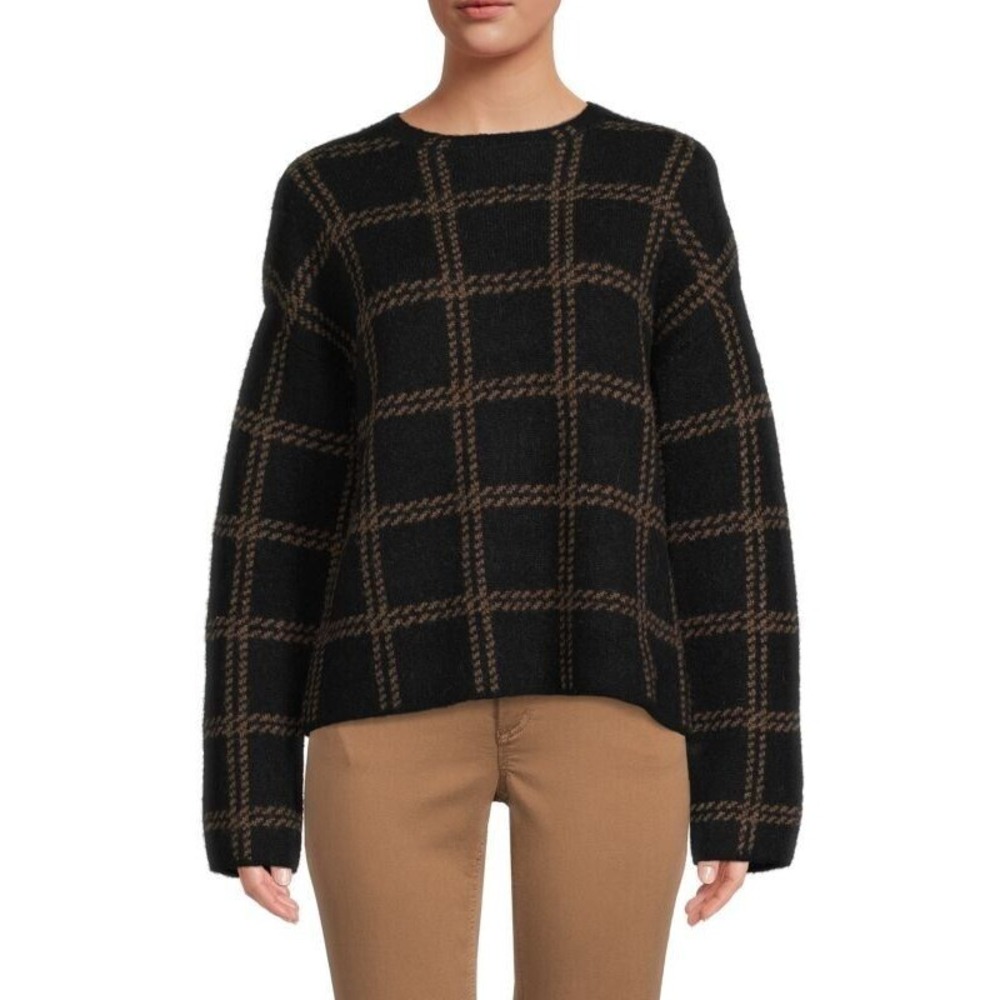 VINCE womens Windowpane Pullover sweater Alpaca Black Brown Size Medium $395